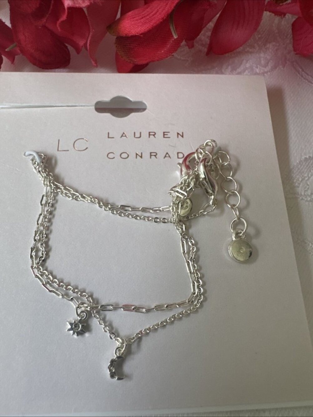 LC Lauren Conrad Dainty Silvertone Adjustable Tiny Moon Star Charm Bracelet NEW